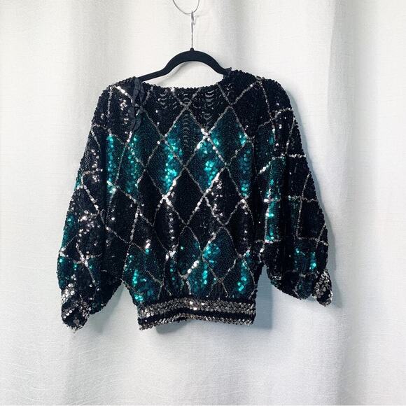 Vintage silk‎ fully sequin beaded oversized long sleeves blouse size medium - Picture 1 of 4